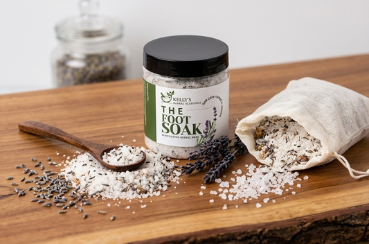 Epsom salt eases tension, Himalayan pink salt improves circulation, baking soda softens skin, unwind, calming lavender, peppermint, and tea tree essential oils enhances relaxation